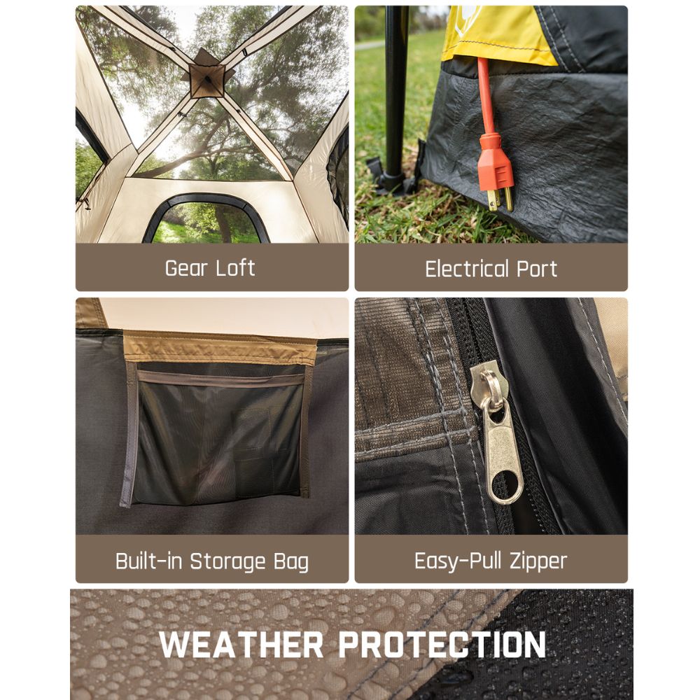 FanttikOutdoor Zeta C4 Pro tent features: gear loft, electrical port, storage bag, easy-pull zipper, and weather protection.