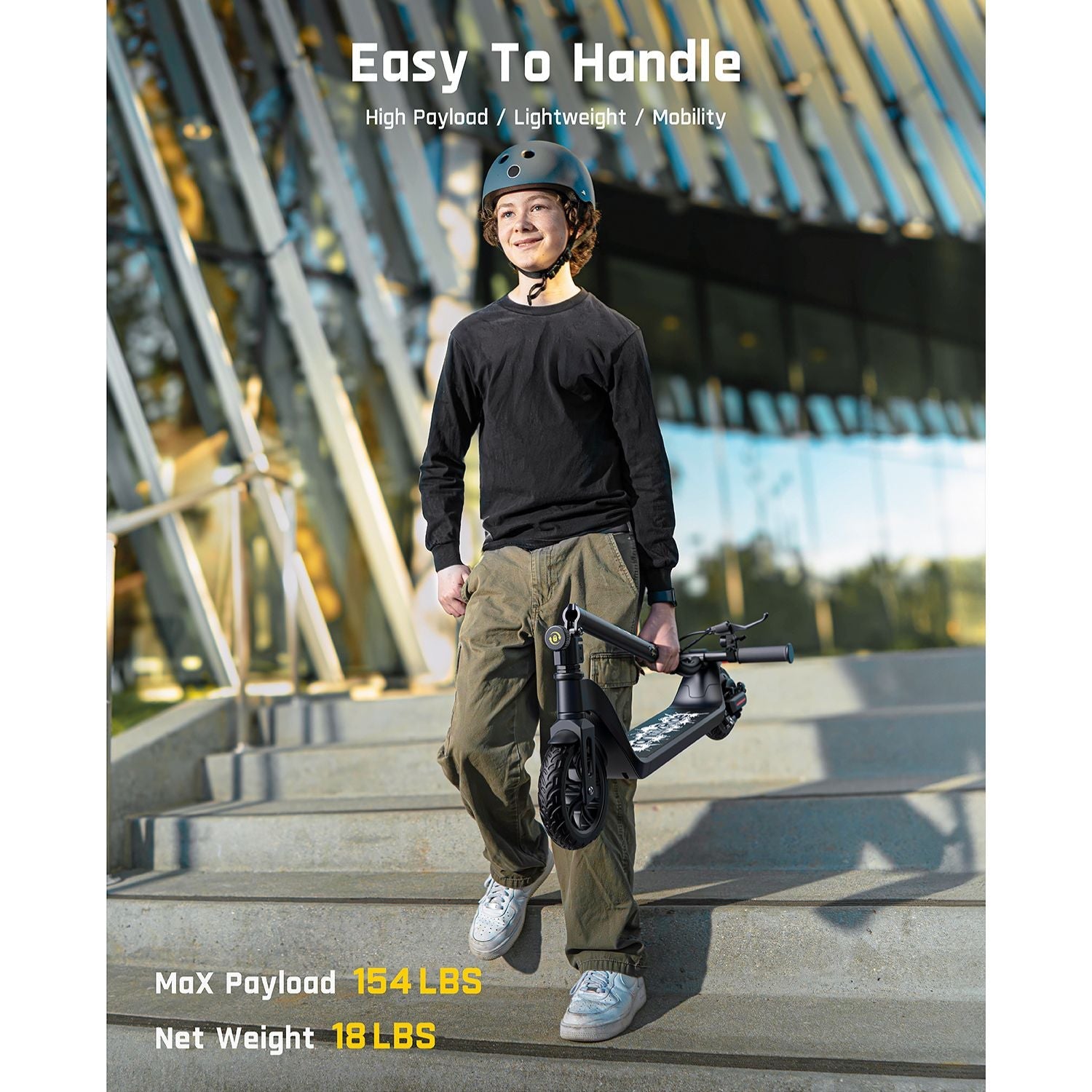 FanttikRide T10 electric scooter for kids, black, with 154 lbs max payload and 18 lbs net weight.