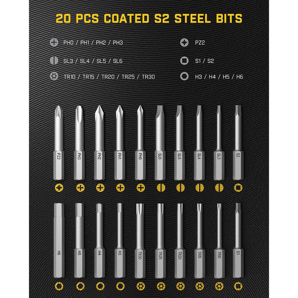 Fanttik Fold S1 APEX Cordless Screwdriver 20 coated S2 steel bits set with PH, SL, TR, PZ, S, and H types