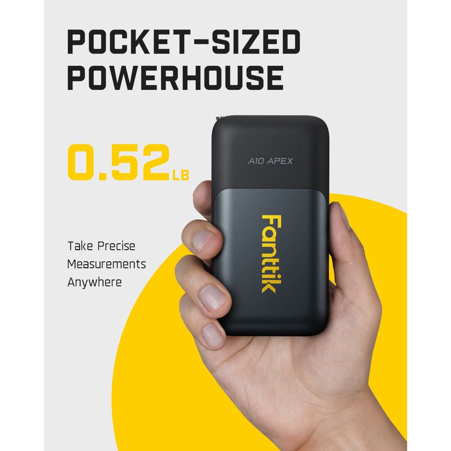 Fanttik A10 Apex 3-in-1 laser distance meter held in hand, weighing 0.52LB, ideal for precise portable measurements.