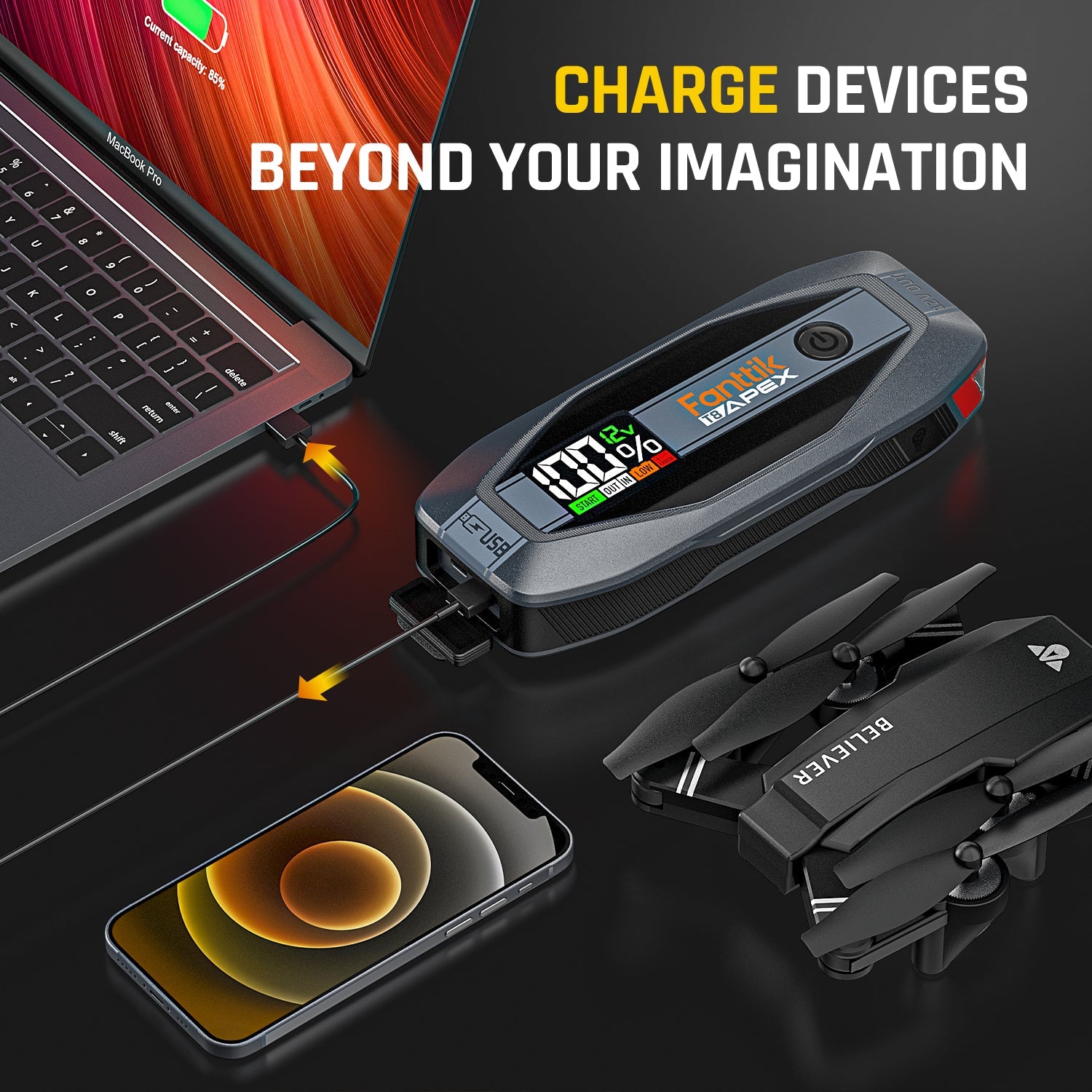 Fanttik T8 APEX jump starter powers MacBook, iPhone, and drone. Charge devices beyond imagination.