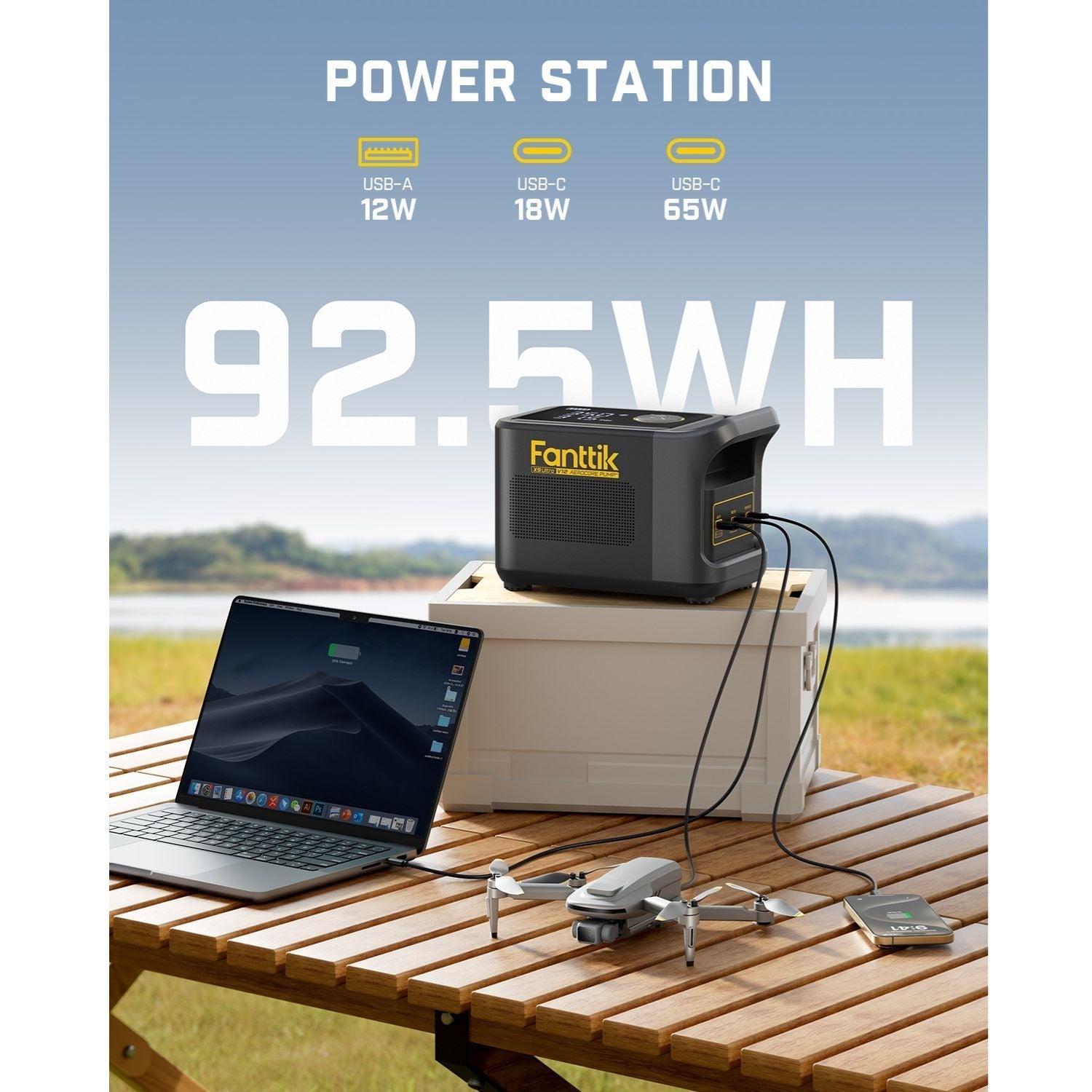 Fanttik X9 Ultra power station 92.5Wh, charging laptop, drone, phone via USB-A 12W, USB-C 18W, 65W.