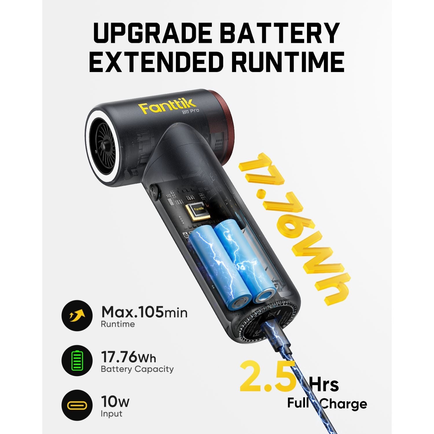 A handheld air duster with its battery compartment open, showing blue batteries inside. Large text reads 'Upgrade Battery Extended Runtime' with '17.
