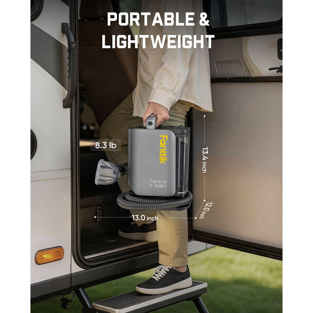 Person holding a Fanttik  Cordless Carpet and Upholstery Cleaner with text indicating 'Portable & Lightweight' and dimensions.