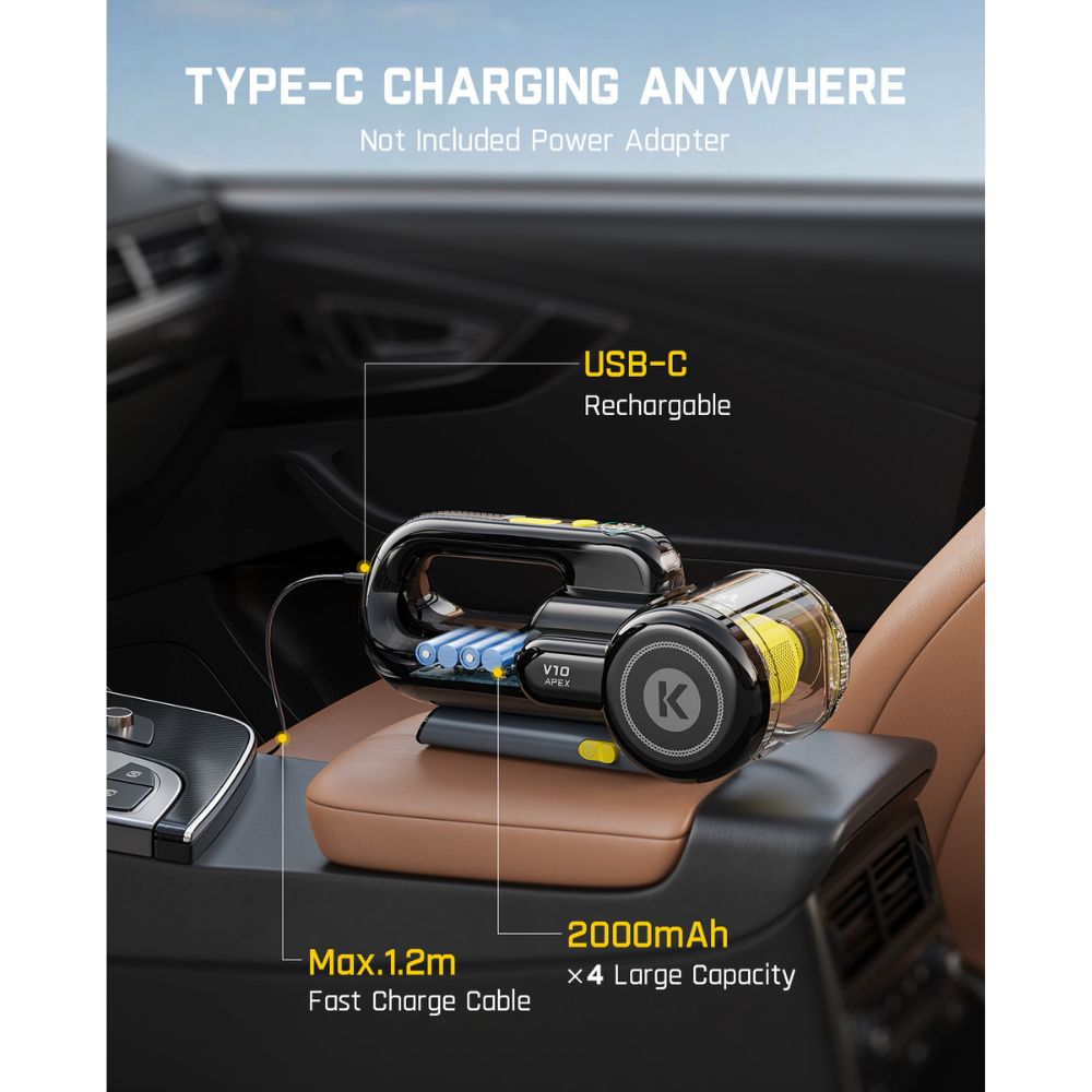 Fanttik V10 Apex foldable car vacuum with USB-C rechargeable battery and fast charge cable.