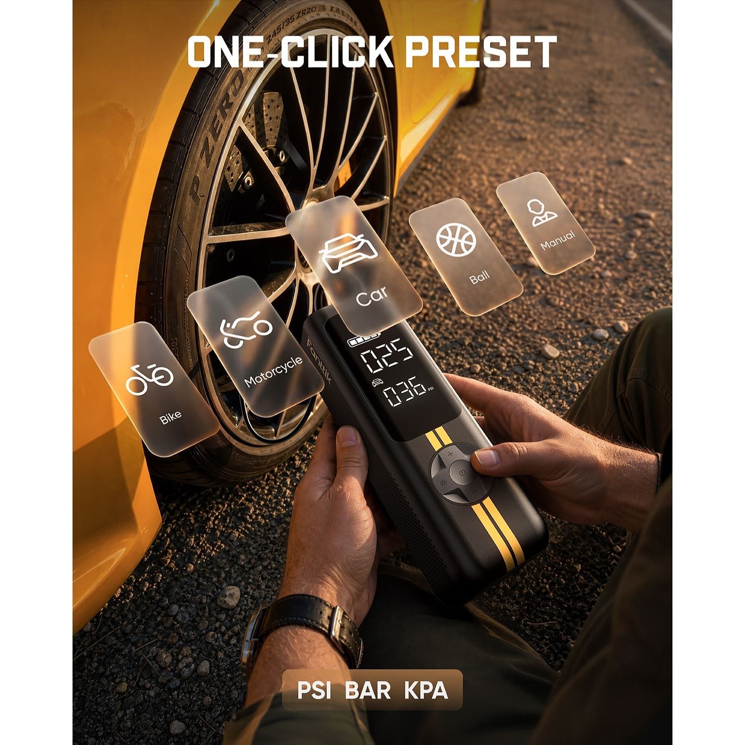 X8 APEX Tire Inflator offers 4 preset inflation modes (bicycles, motorcycles, cars, and balls) and 3 preset units (PSI, KPA, BAR). With just one click, you can select the desired inflation mode and enjoy set-and-forget convenience. 