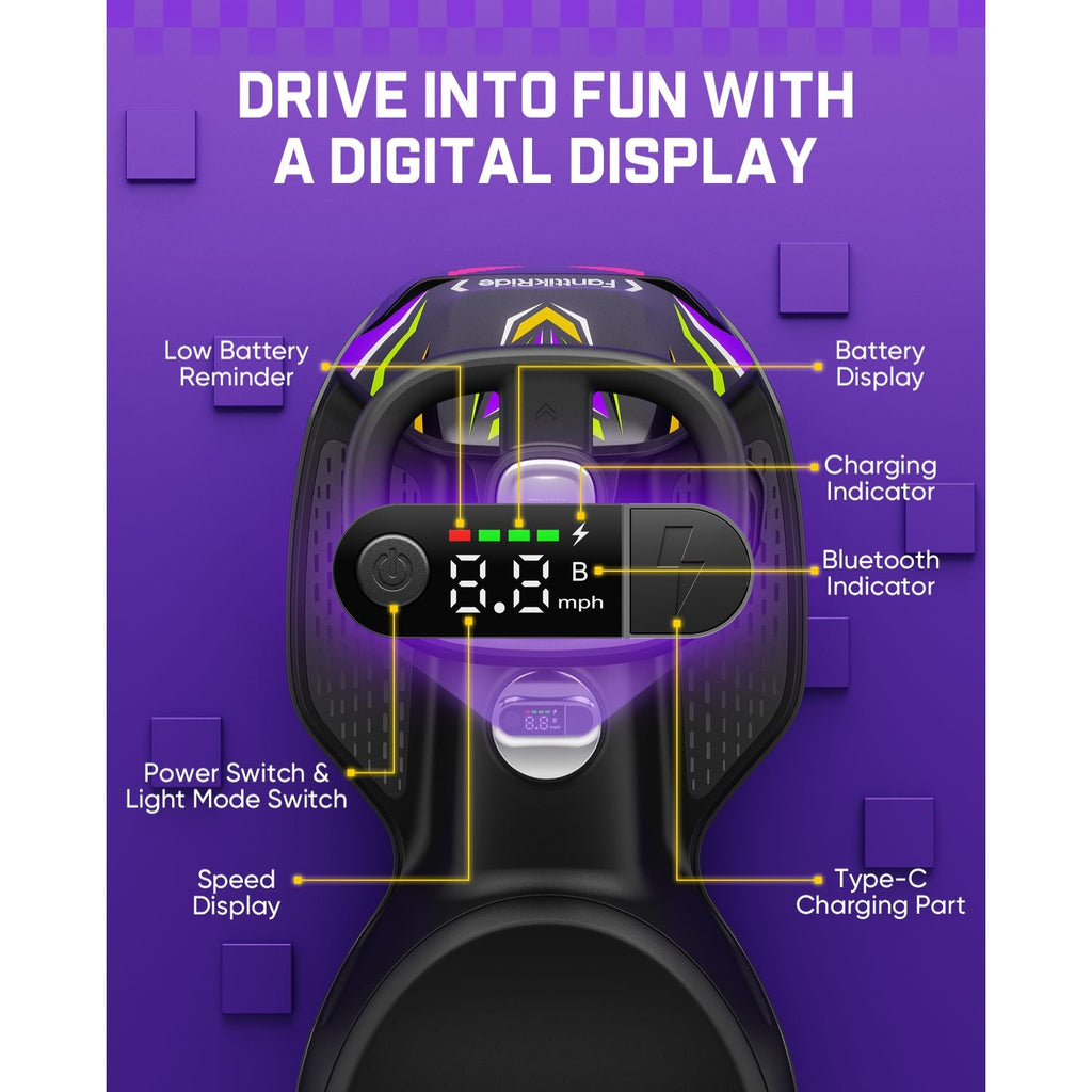 A purple promotional graphic showing a black VR headset controller with labeled callouts for features such as battery display, Bluetooth indicator, charging indicator, speed display, power switch, light mode switch, and Type-C charging part. Large text at the top reads 'DRIVE INTO FUN WITH A DIGITAL DISPLAY.