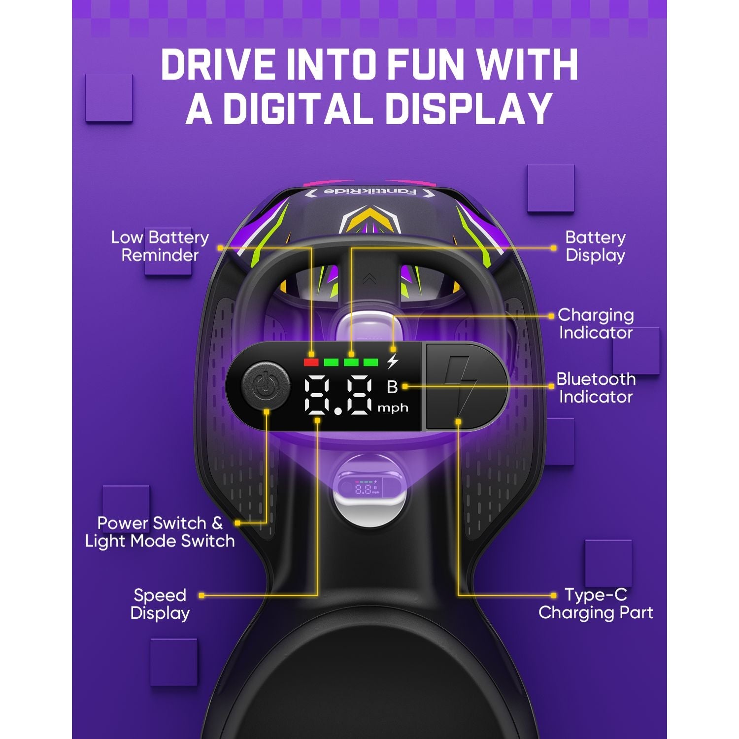 A purple promotional graphic showing a black VR headset controller with labeled callouts for features such as battery display, Bluetooth indicator, charging indicator, speed display, power switch, light mode switch, and Type-C charging part. Large text at the top reads 'DRIVE INTO FUN WITH A DIGITAL DISPLAY.