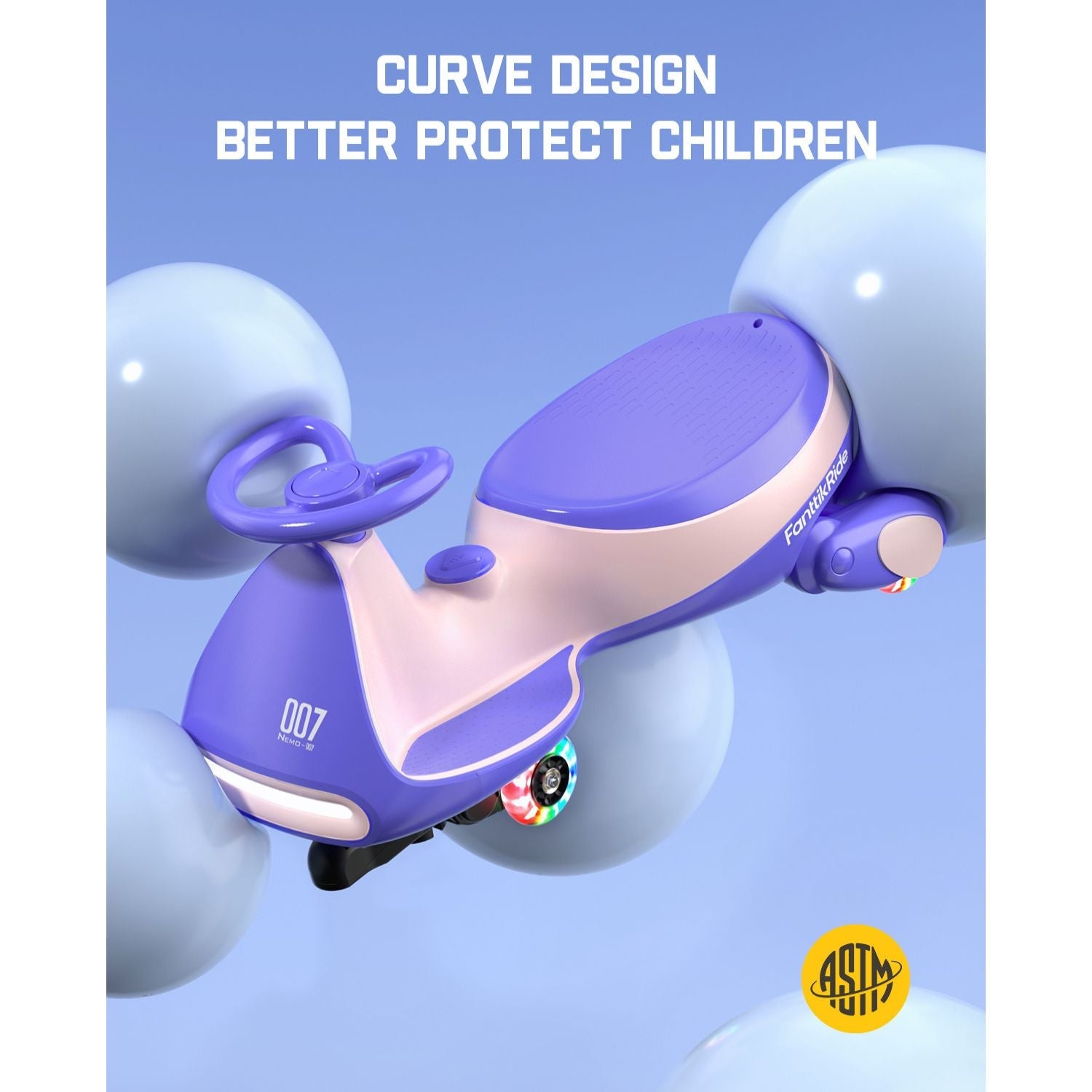 Purple and pink FanttikRide N7 Classic 6V electric wiggle car with flashing wheels and '007 Nemo' text.