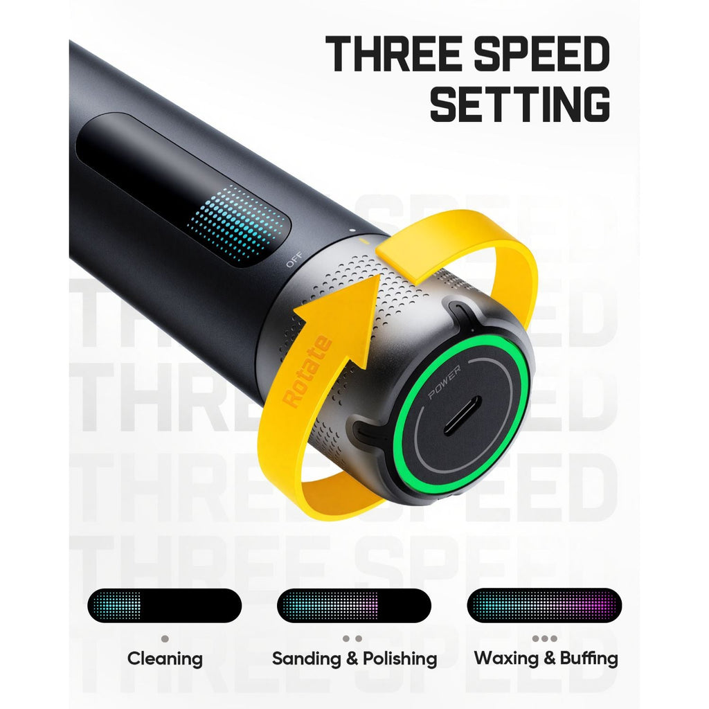 Electric polisher with three speed settings labeled on a white background