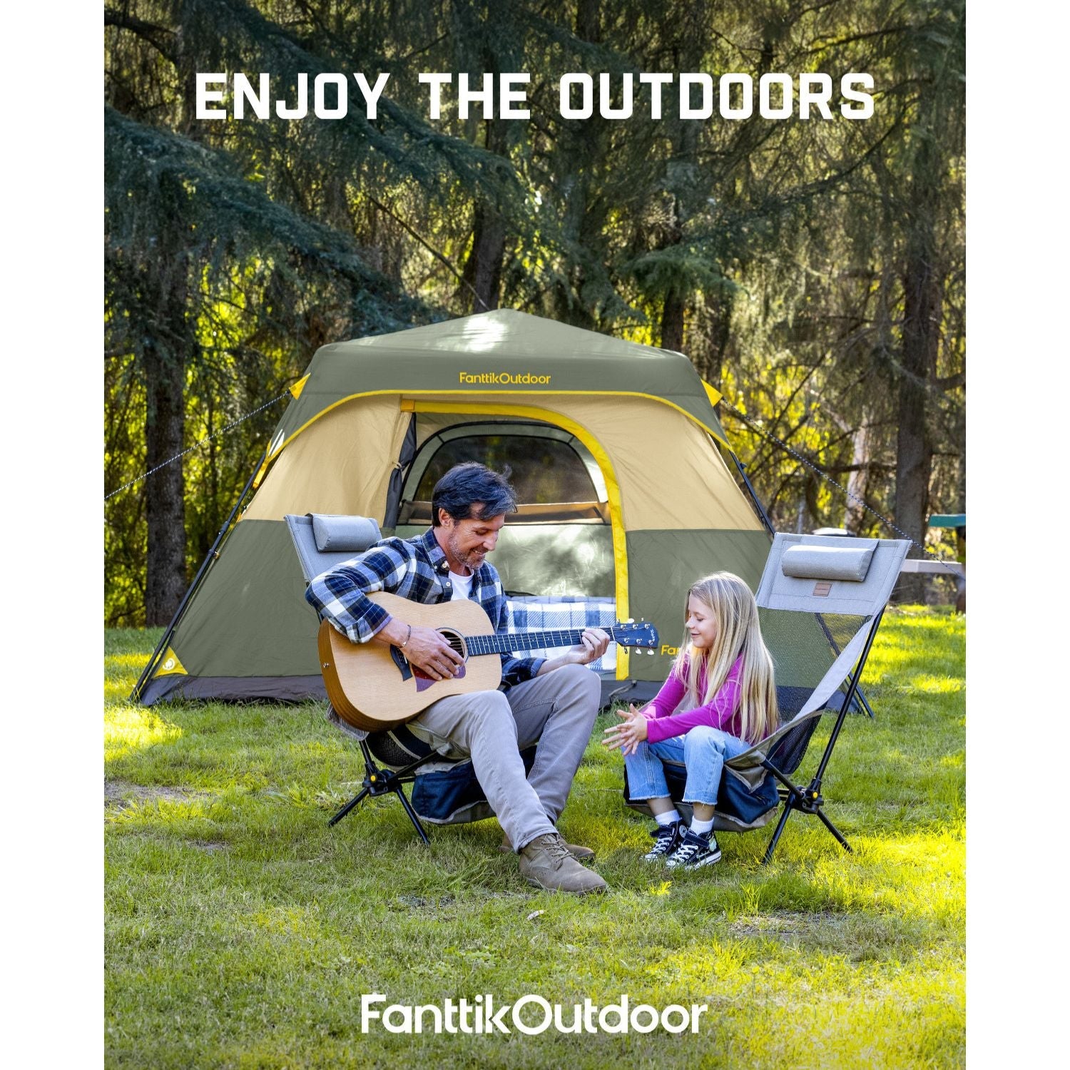 Man plays guitar for daughter near FanttikOutdoor Zeta C4 Pro tent, enjoying the outdoors