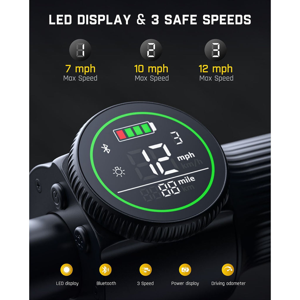 FanttikRide T10 Apex scooter LED display: 3 speeds (7, 10, 12 mph), Bluetooth, power display.