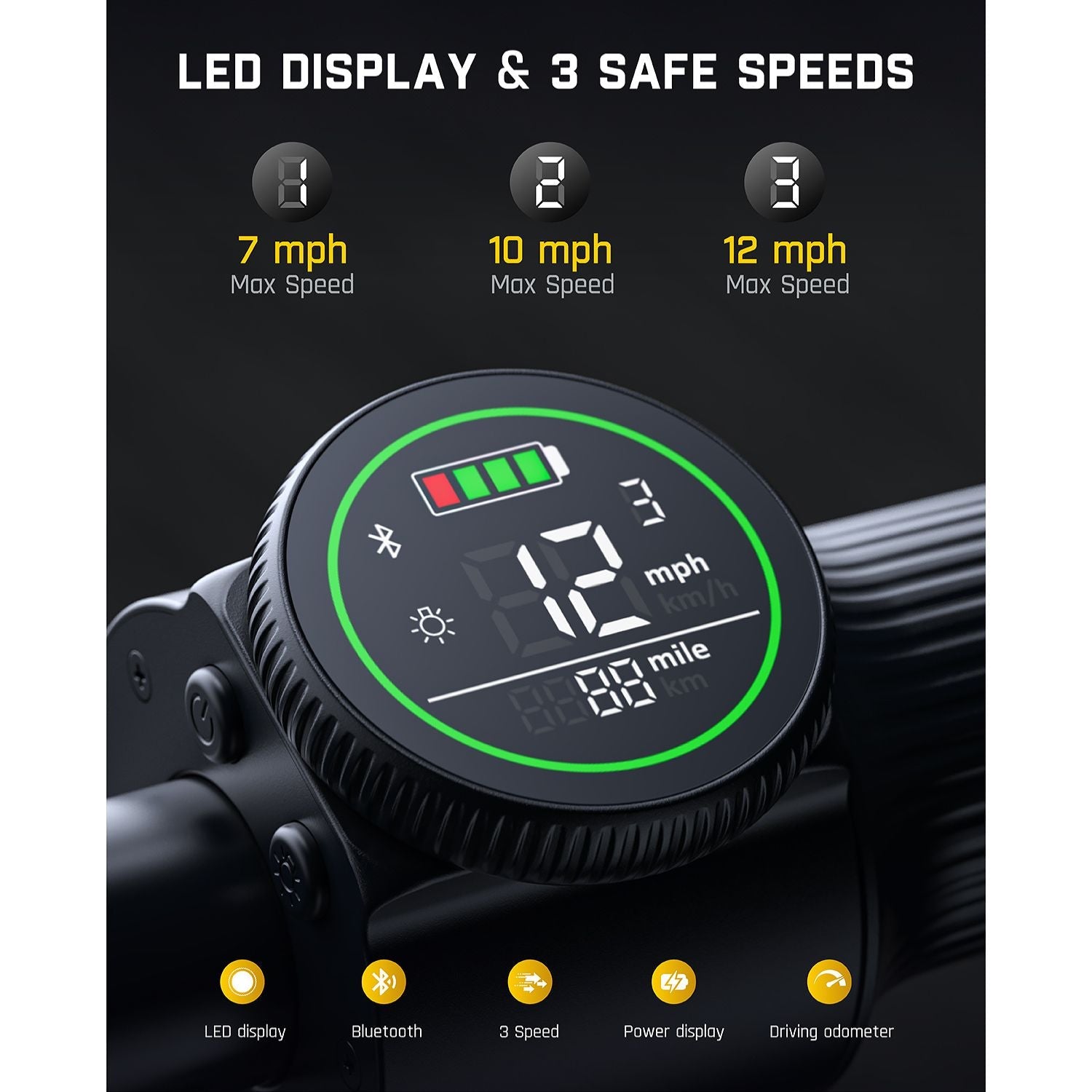 FanttikRide T10 Apex scooter LED display: 3 speeds (7, 10, 12 mph), Bluetooth, power display.