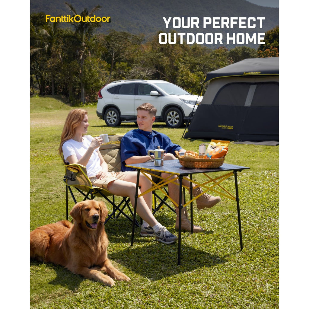 FanttikOutdoor double camping chair set at campsite with folding table, tent, and car