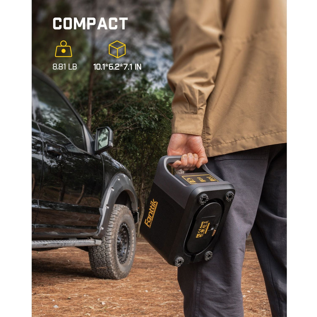 Fanttik X9 Ultra tire inflator, compact and portable, 8.81 LB, 10.1x6.2x7.1 IN, held by a person next to a truck.