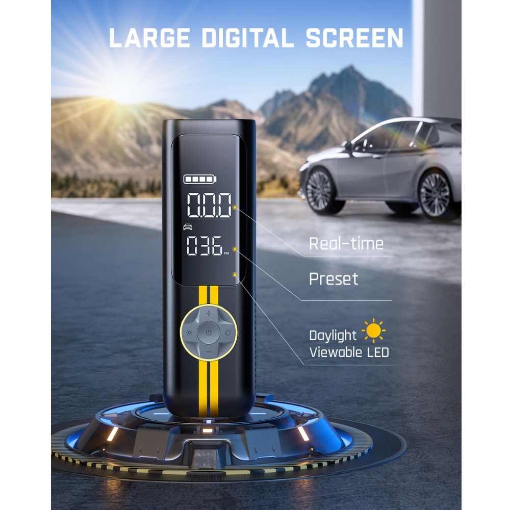 Fanttik X8 APEX tire inflator: large digital screen showing 036 PSI, real-time & preset modes, daylight LED.