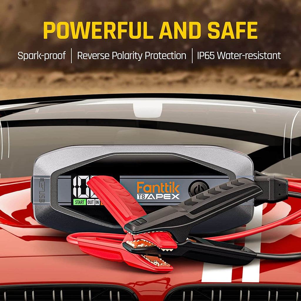 Fanttik T8 APEX jump starter: Powerful, safe, spark-proof, reverse polarity protection, IP65 water-resistant.