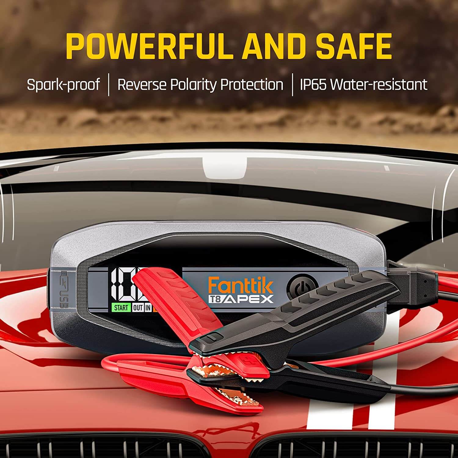 Fanttik T8 APEX jump starter: Powerful, safe, spark-proof, reverse polarity protection, IP65 water-resistant.