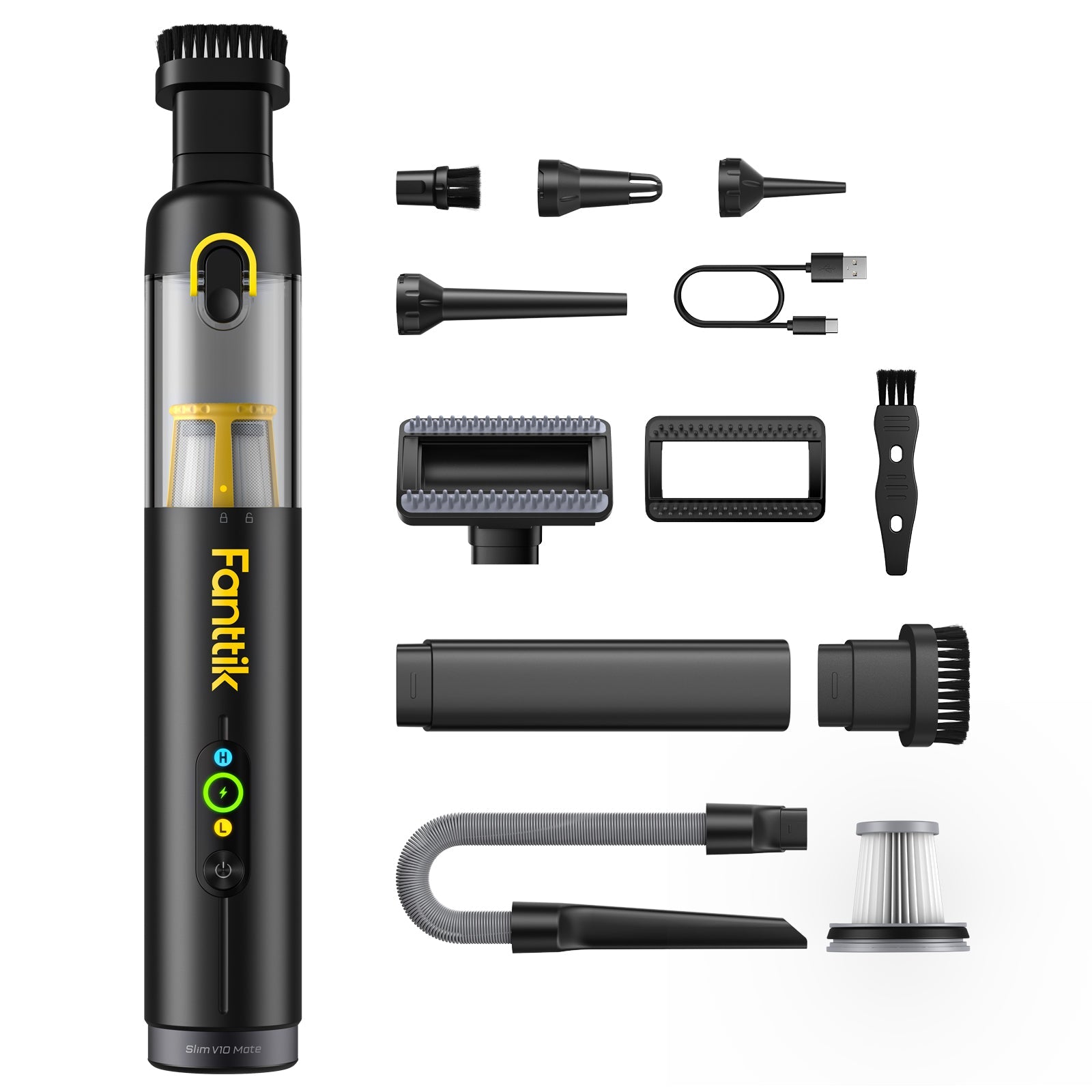 Fanttik Slim V10 Mate cordless car vacuum and accessories, including multiple nozzles and charging cable.