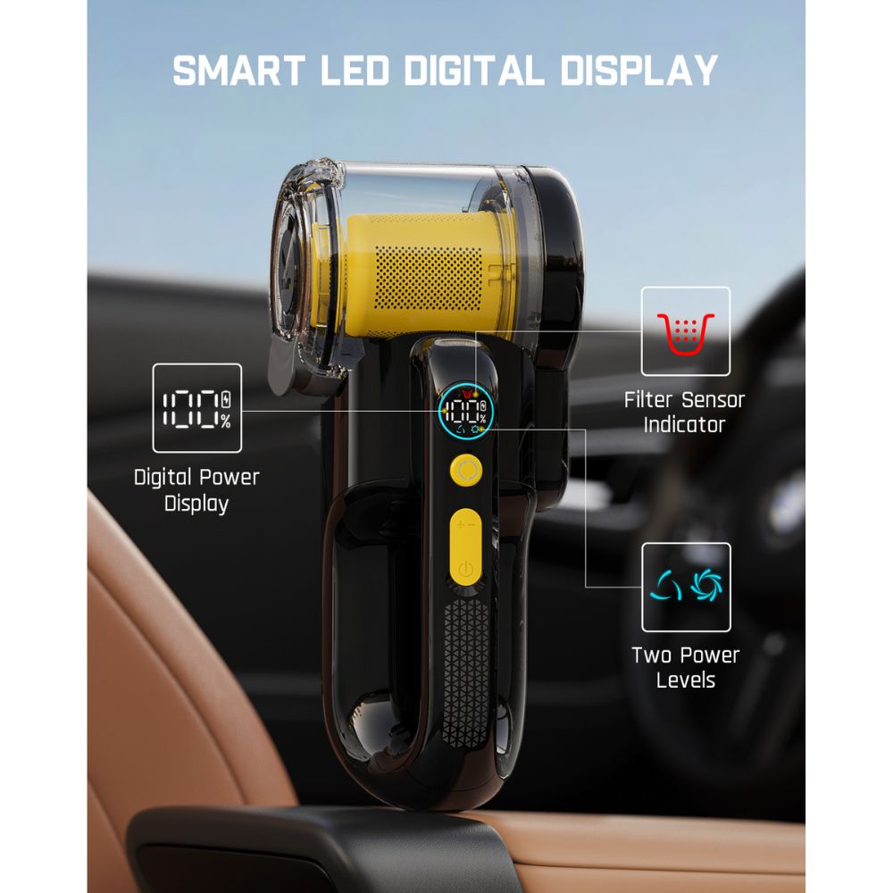 Fanttik V10 Apex car vacuum with smart LED display, showing 100% power, filter indicator, and two power levels.