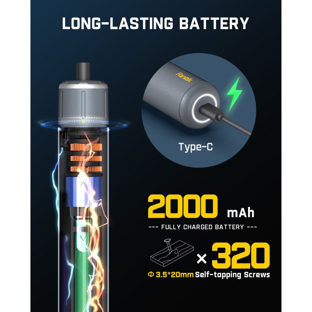Fanttik S1 Pro electric screwdriver with a long-lasting 2000 mAh battery, capable of driving 320 screws.