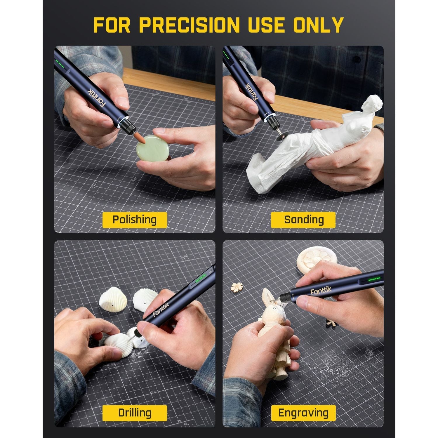 Set of Fanttik F2 Master Mini Cordless Rotary Tool Kit 4V -Blue being used for polishing, sanding, drilling, and engraving on a grid layout.