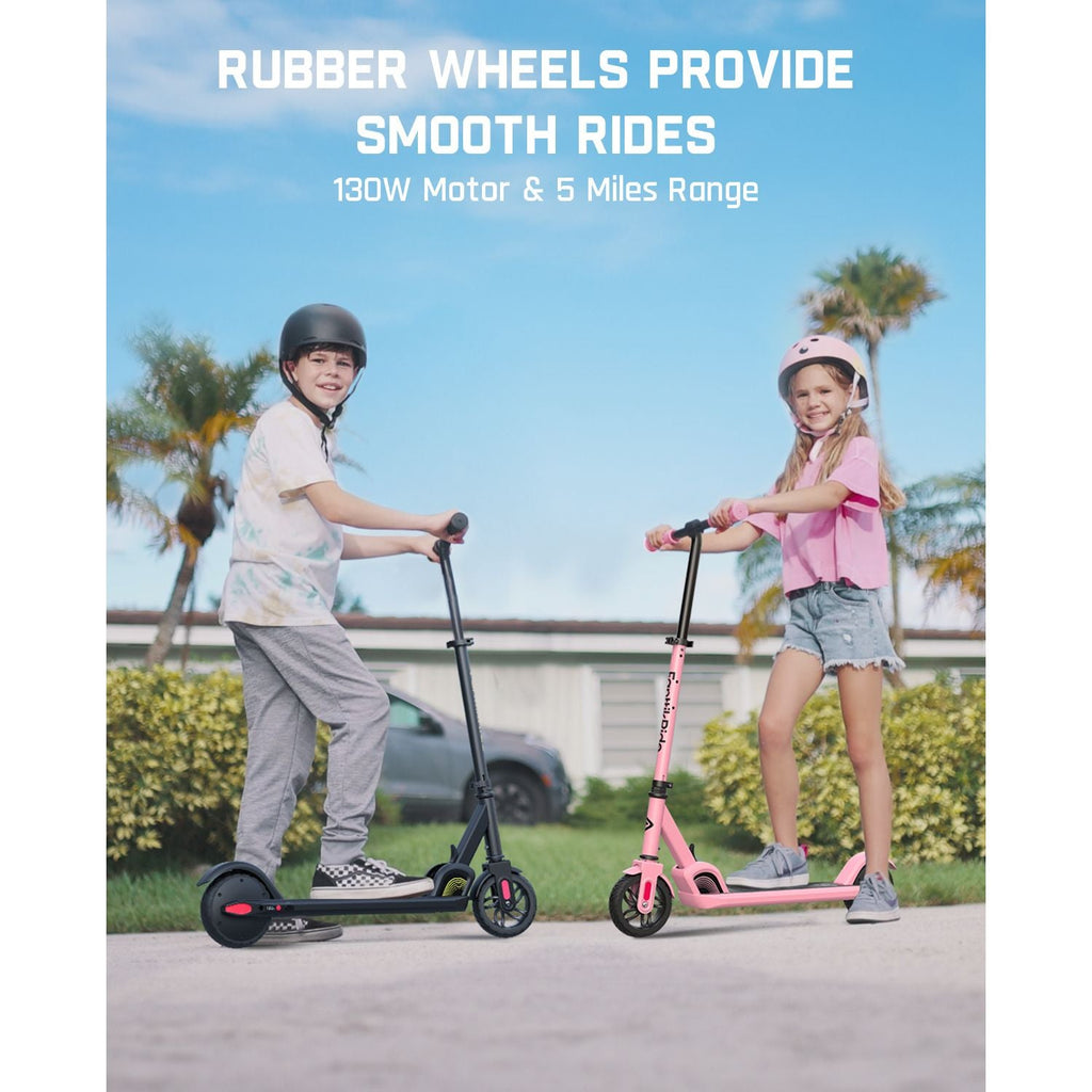 FanttikRide C9 kids electric scooters in black and pink with rubber wheels, 130W motor, and 5-mile range.