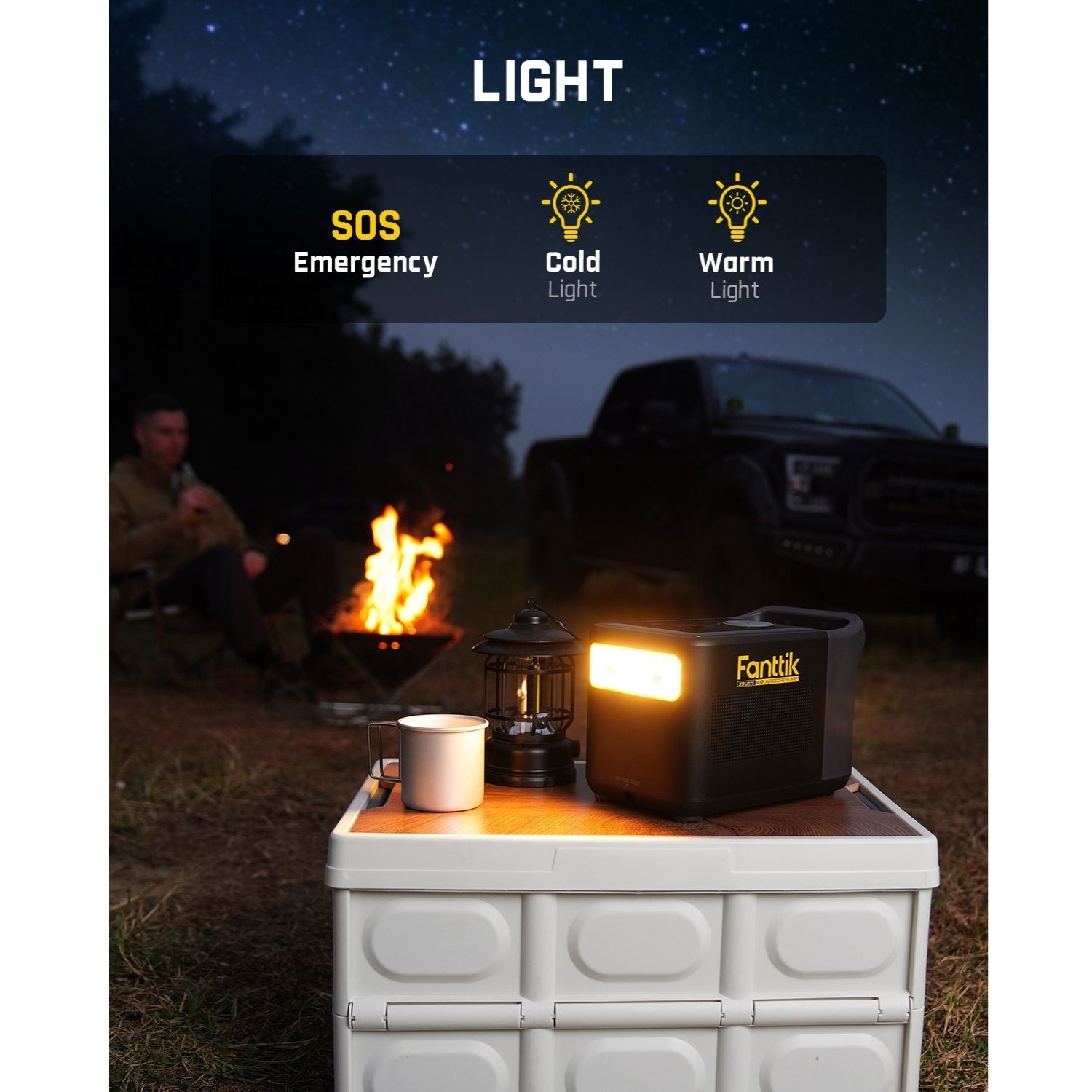 Fanttik X9 Ultra tire inflator with warm light on table, next to lantern and mug, campfire and truck in background.