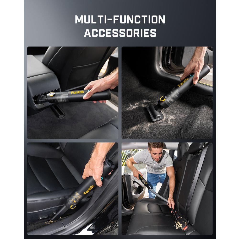 Fanttik V8 Apex car vacuum with multi-function accessories cleaning car interior, air vents, and seats.