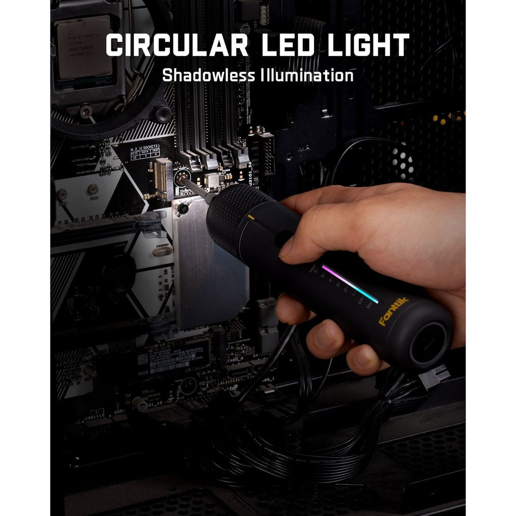 Fanttik cordless electric screwdriver with circular LED light tightening a PC motherboard screw