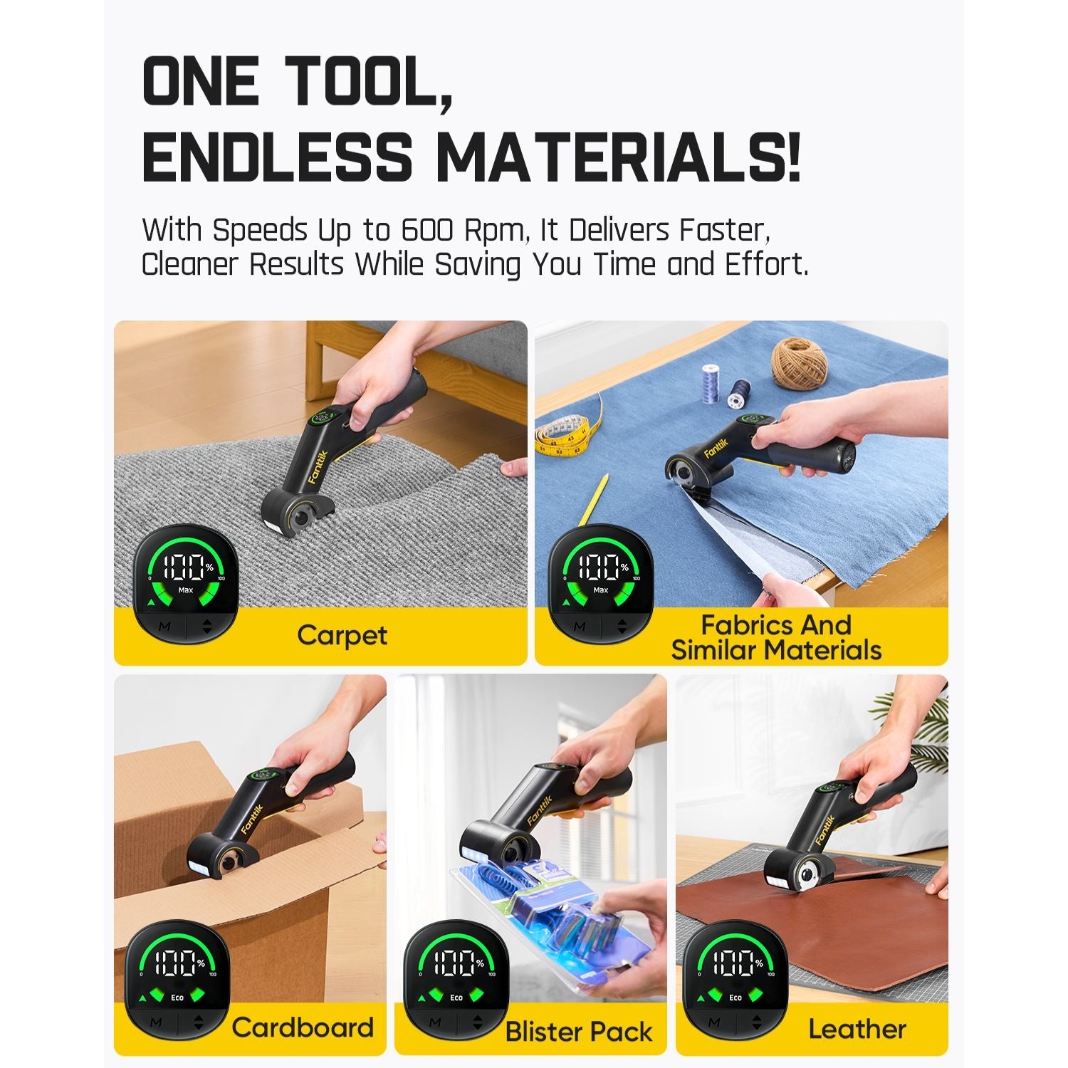 Fanttik C10 Pro electric scissors cutting carpet, fabrics, cardboard, blister pack, and leather.
