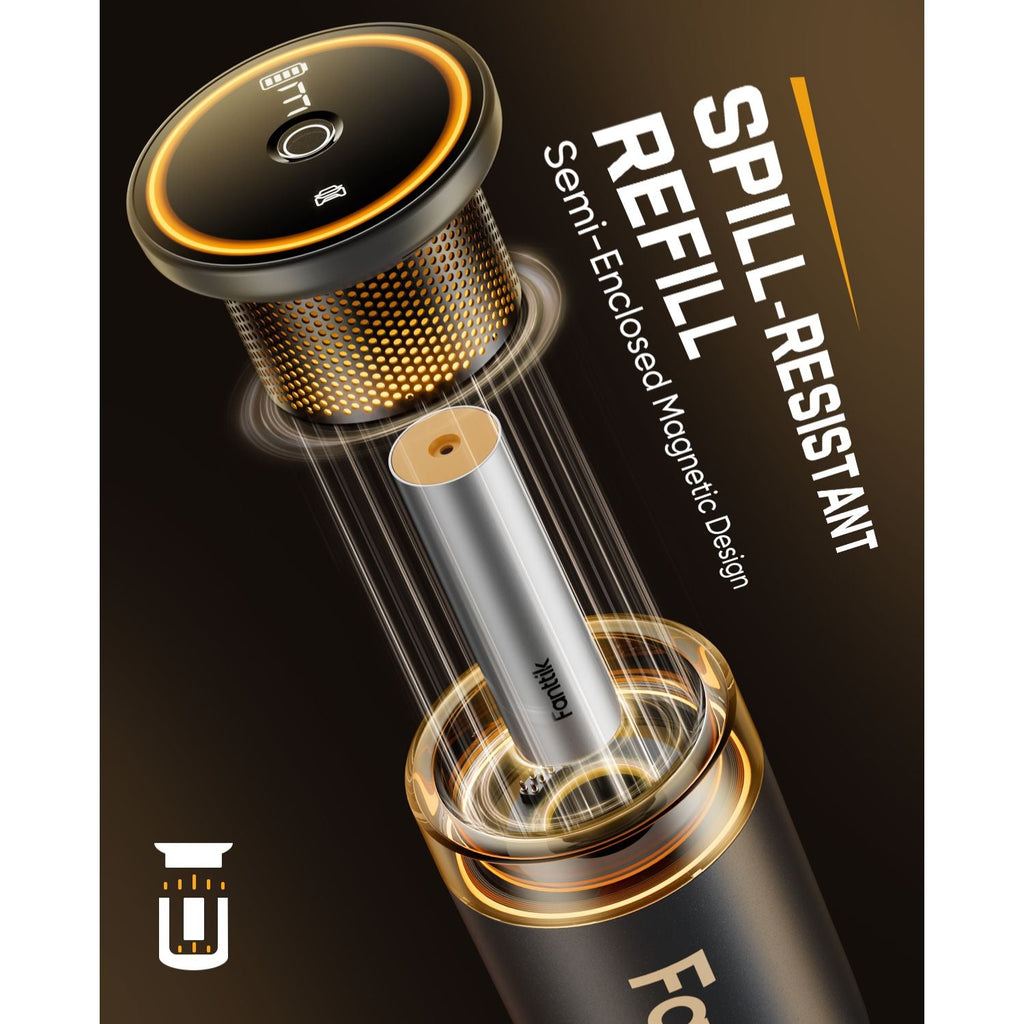 Spill-resistant refill with semi-enclosed magnetic design on a dark background