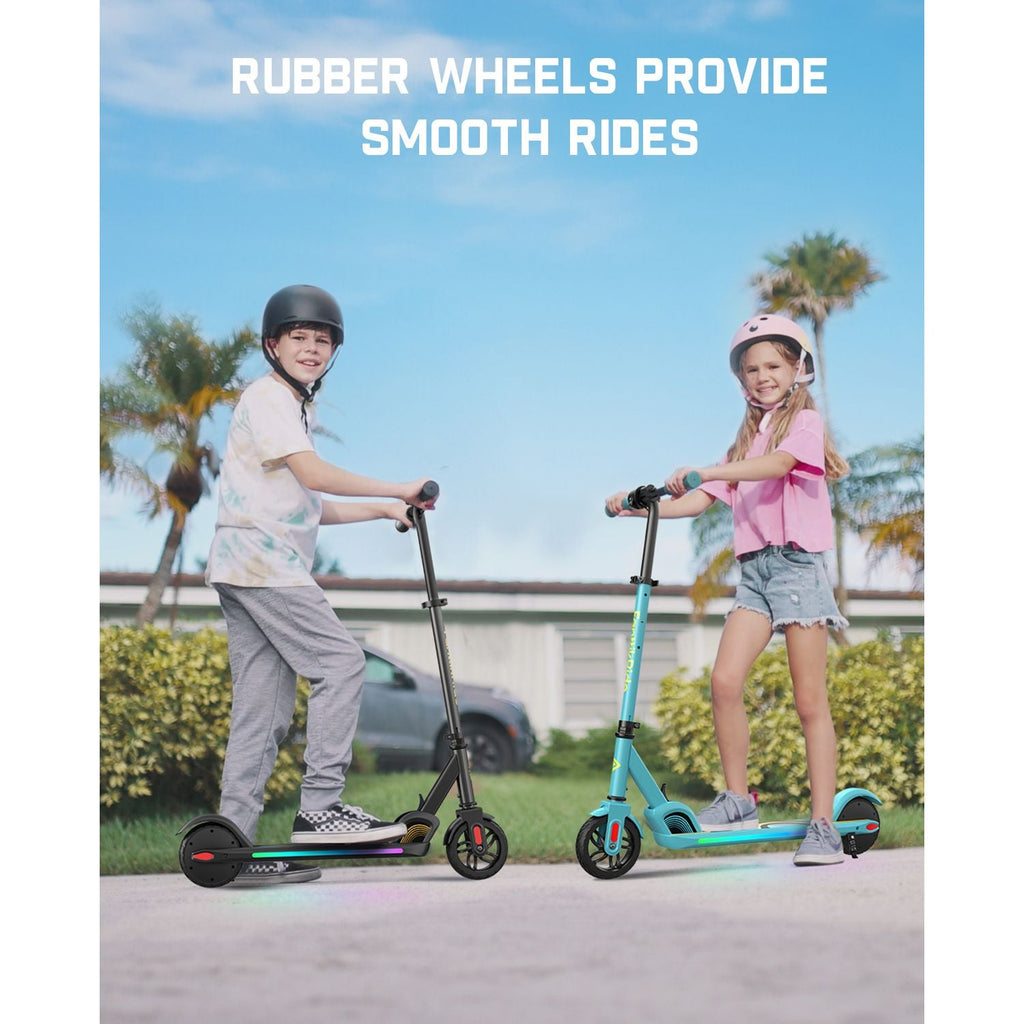 FanttikRide C9 Pro scooters in black and teal with LED lights, ridden by kids. Text: "RUBBER WHEELS PROVIDE SMOOTH RIDES".