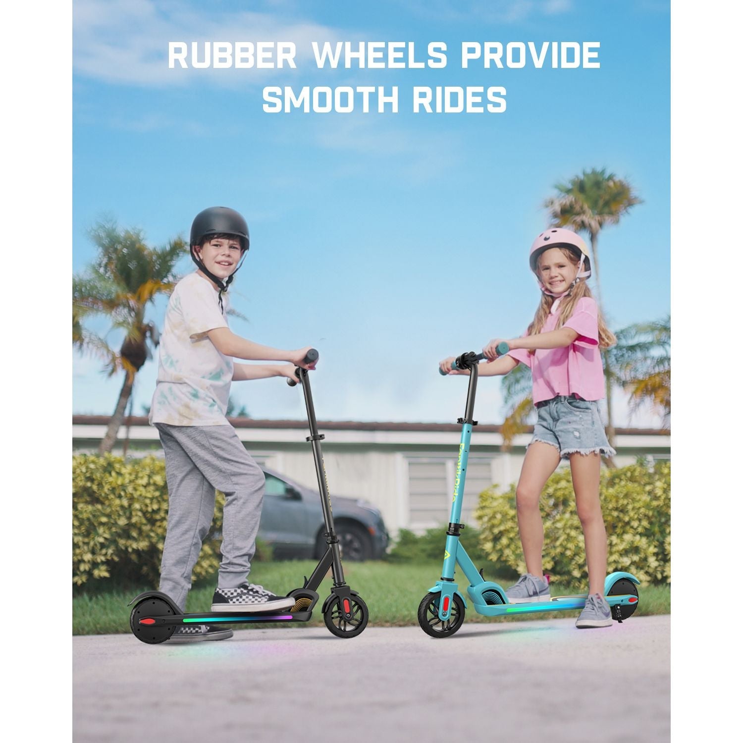 FanttikRide C9 Pro scooters in black and teal with LED lights, ridden by kids. Text: "RUBBER WHEELS PROVIDE SMOOTH RIDES".