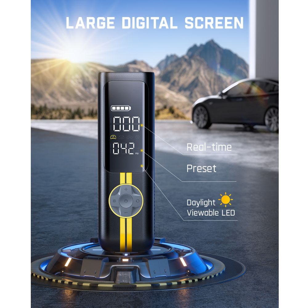 Fanttik X8 APEX EV tire inflator with large digital screen and daylight-viewable LED