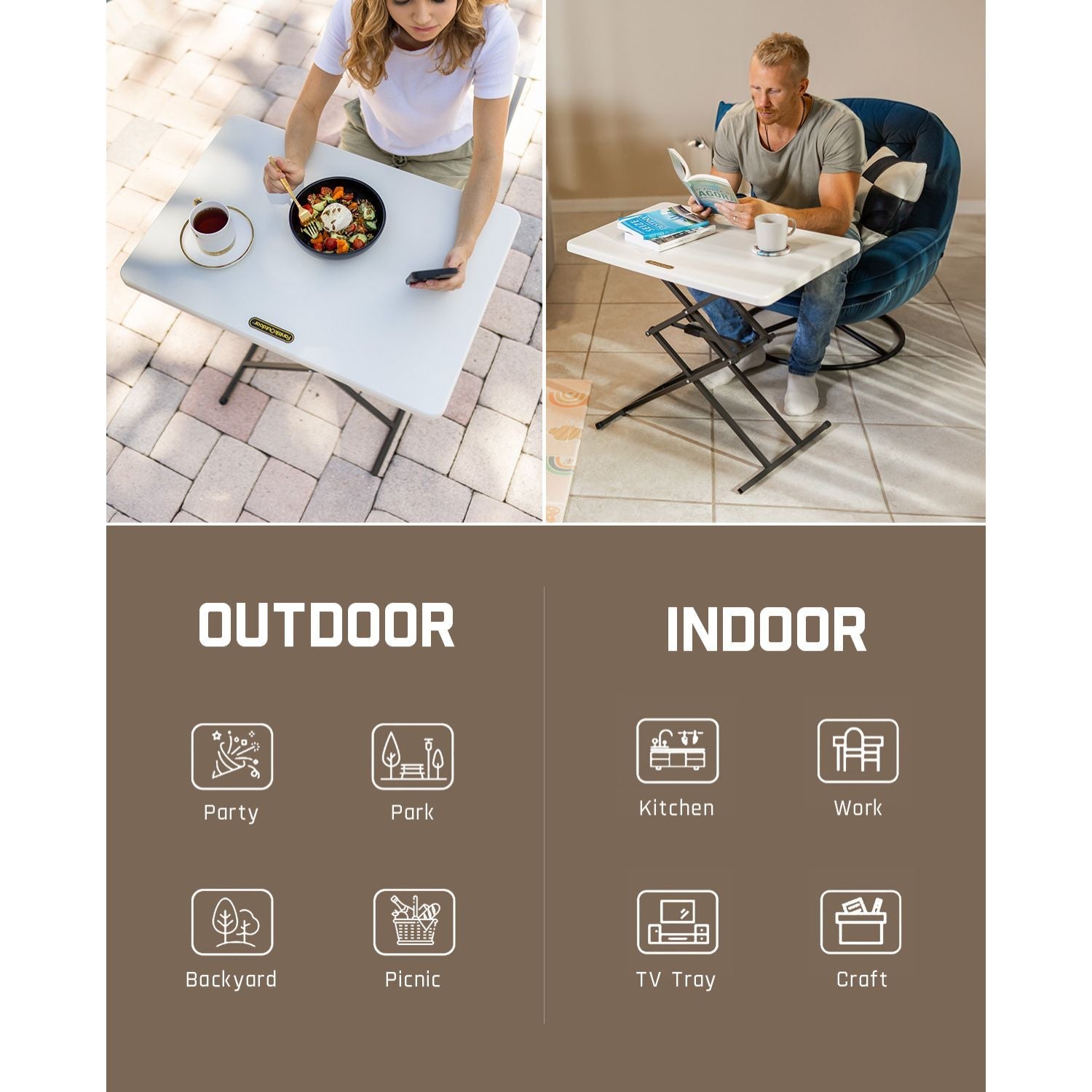 FanttikOutdoor Zeta X1 Pro 28" table: outdoor dining, indoor reading. Icons for outdoor party, park, backyard, picnic & indoor kitchen, work, TV tray, craft.