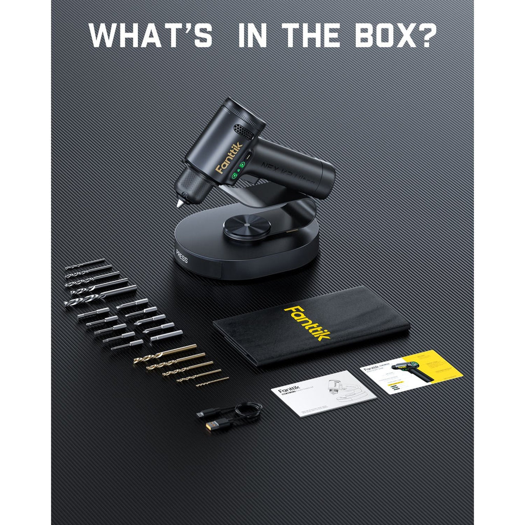 Fanttik K2 Ultra drill with bits, stand, pouch, and manuals. Contains 10 drill bits and 10 screwdriver bits.