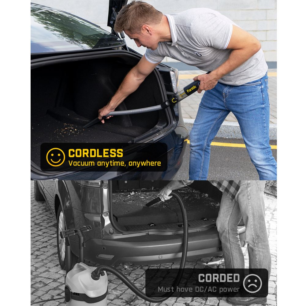 Man using a cordless Fanttik vacuum cleaner in a car trunk, contrasting with a corded vacuum in a black and white section.