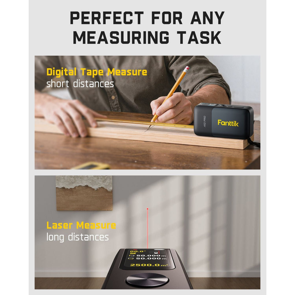 Fanttik A10 Pro laser distance meter: digital tape for short distances and laser for long distances on HD IPS color display.
