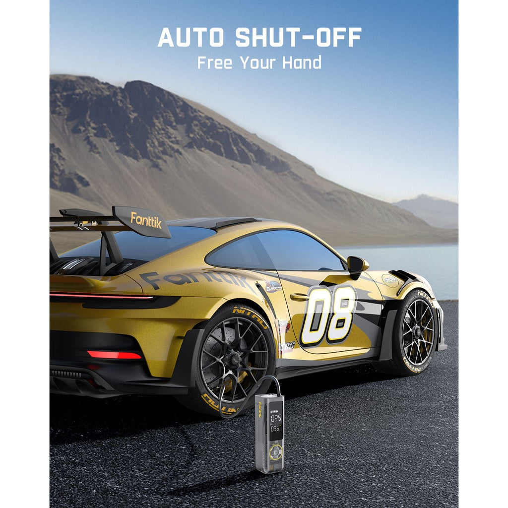 Fanttik X8 APEX tire inflator shown with a yellow sports car, highlighting auto shut-off feature.