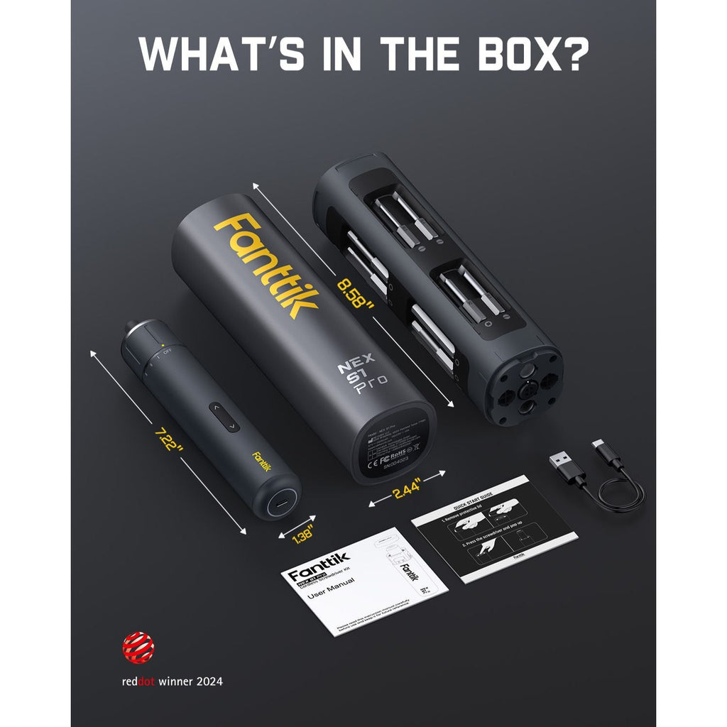 Fanttik S1 Pro kit: screwdriver, 16 bits, manuals, USB-C cable. Red Dot Winner 2024.