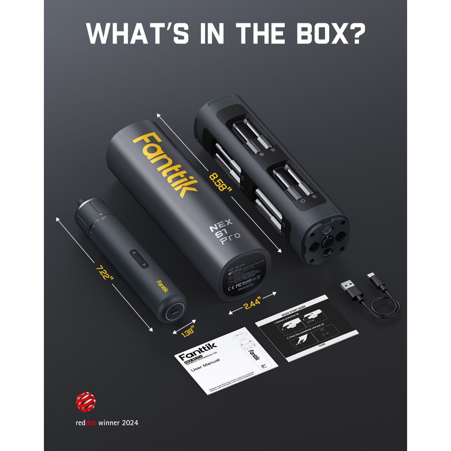 Fanttik S1 Pro kit: screwdriver, 16 bits, manuals, USB-C cable. Red Dot Winner 2024.