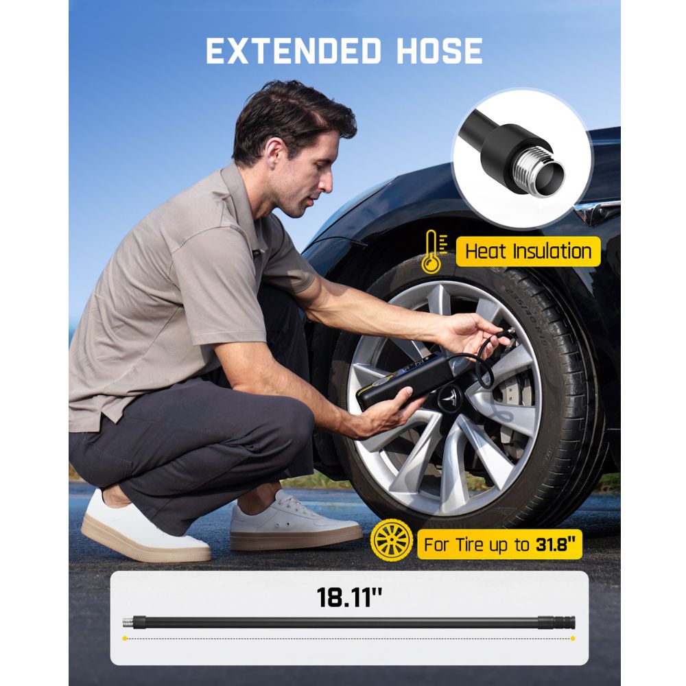 Fanttik X8 APEX EV tire inflator with 18.11" extended hose featuring heat insulation, suitable for tires up to 31.8".