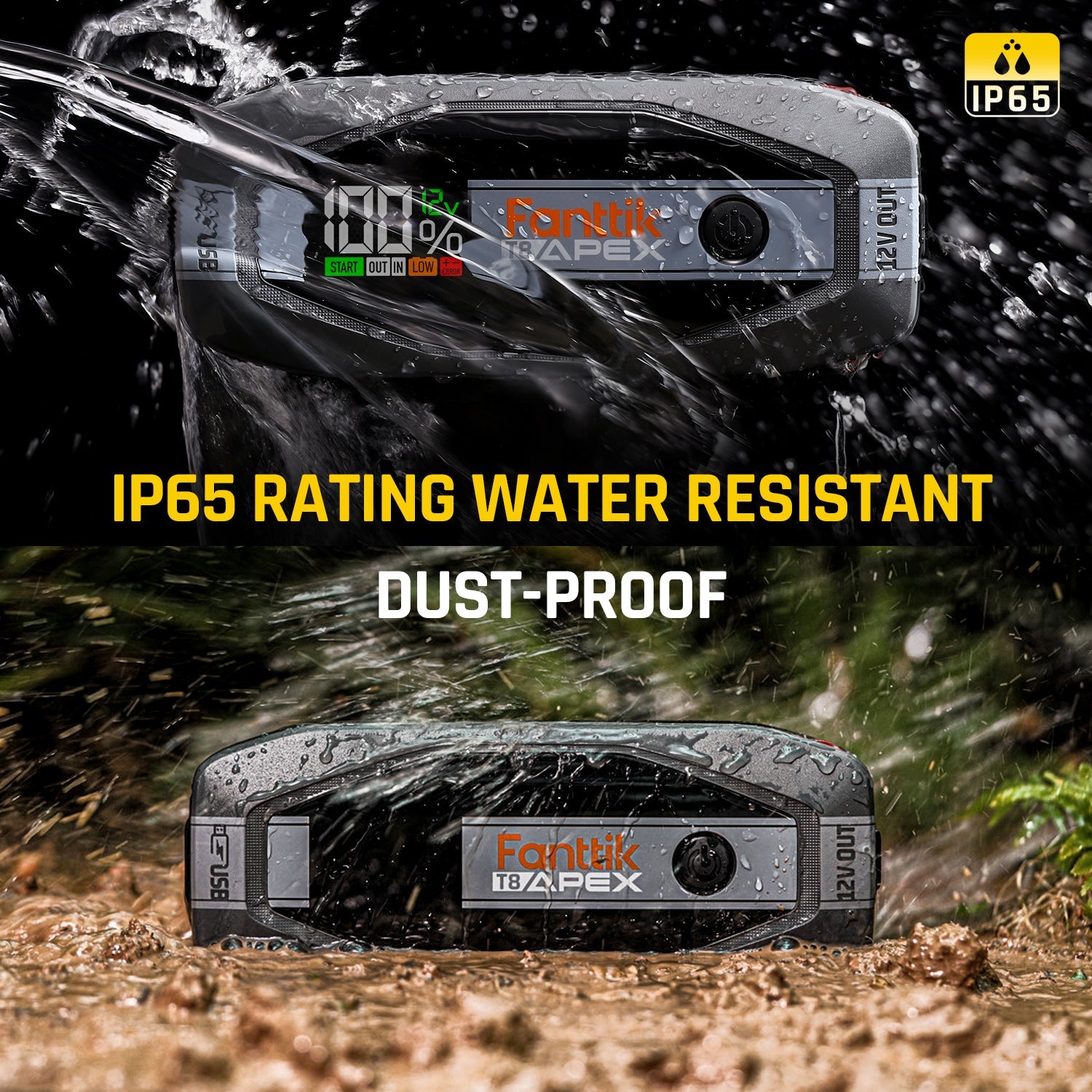 Fanttik T8 APEX jump starter, IP65 water resistant and dust-proof, with digital display showing 100% battery.