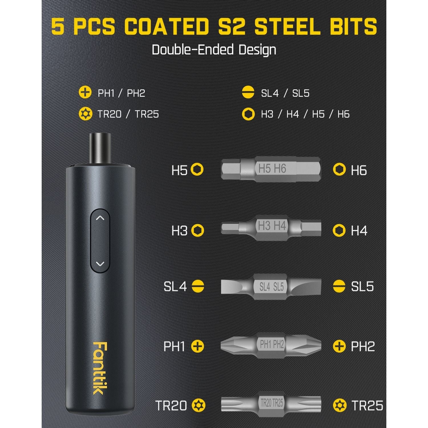 Fanttik S1 Capsule Deluxe Cordless Screwdriver with 5 double-ended S2 steel bits: PH1/PH2, TR20/TR25, SL4/SL5, H3/H4, H5/H6.