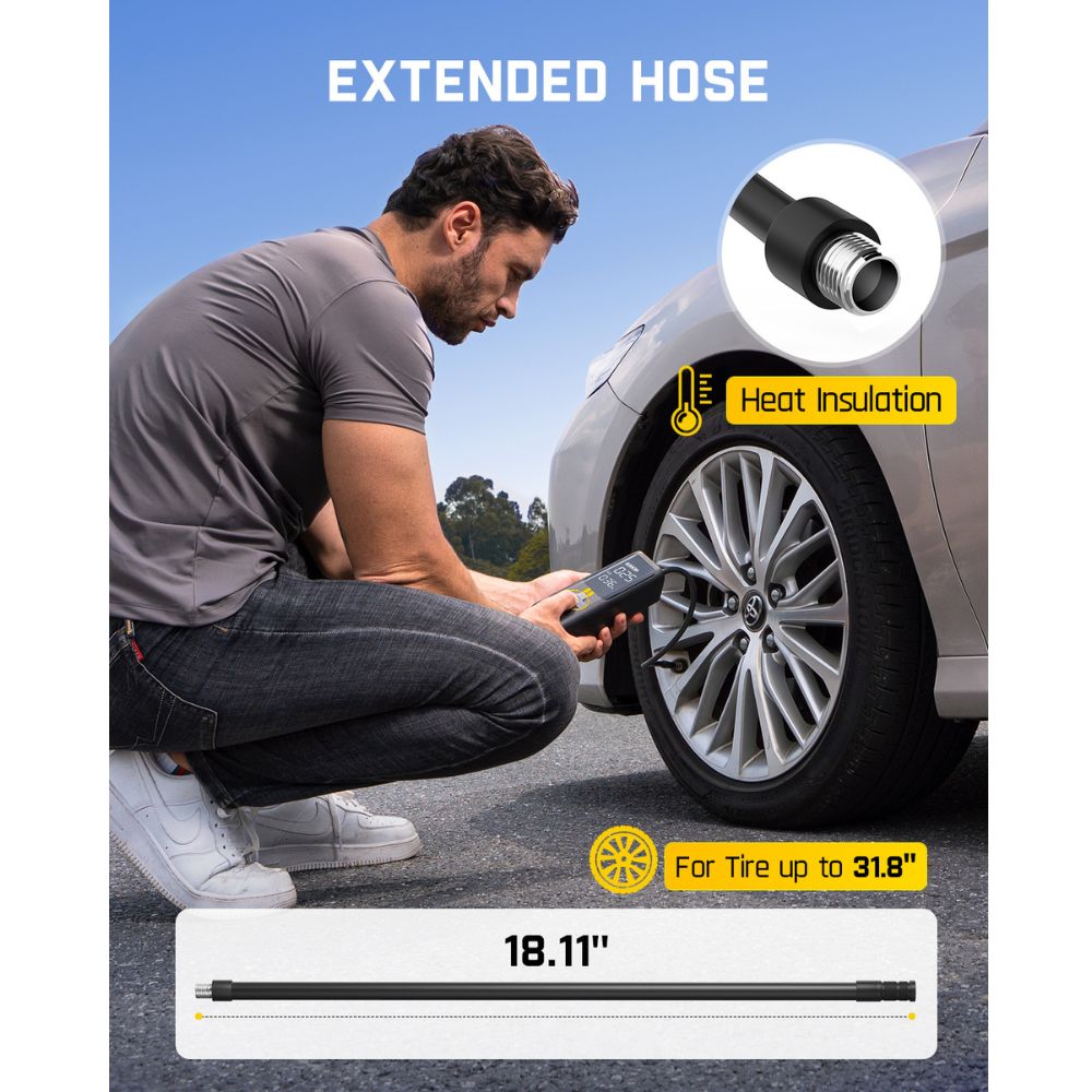 Man using Fanttik tire inflator with extended hose, featuring heat insulation and support for tires up to 31.8".