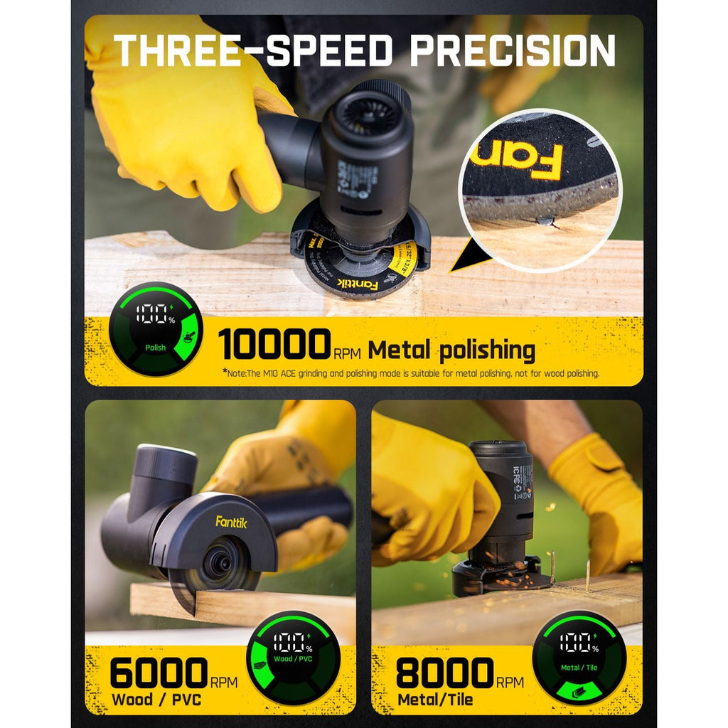 Fanttik M10 ACE: 10000 RPM metal polishing, 6000 RPM wood/PVC, 8000 RPM metal/tile. Smart LED display shows modes and battery.