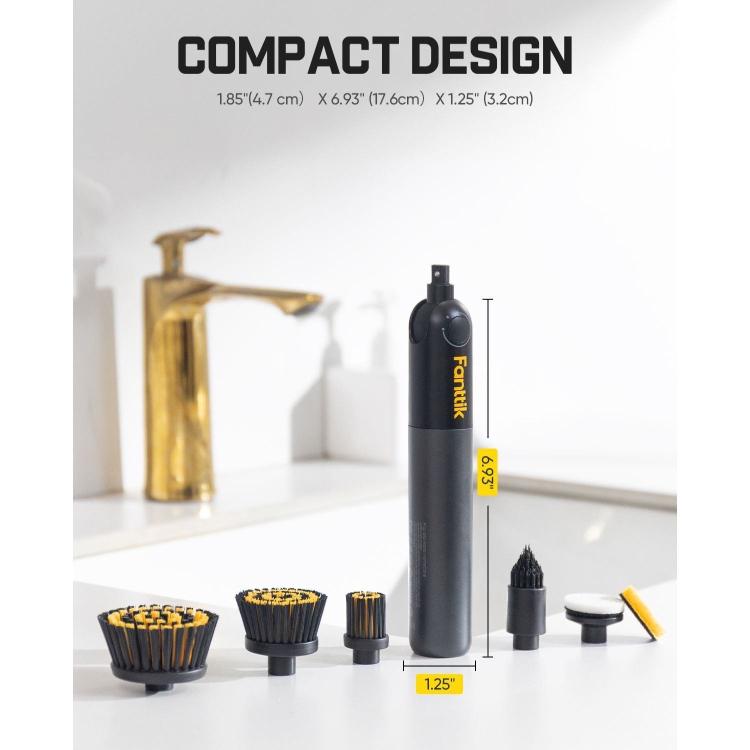 Fanttik Flip G10 Nano compact electric spin scrubber with brush attachments, 6.93 inches tall