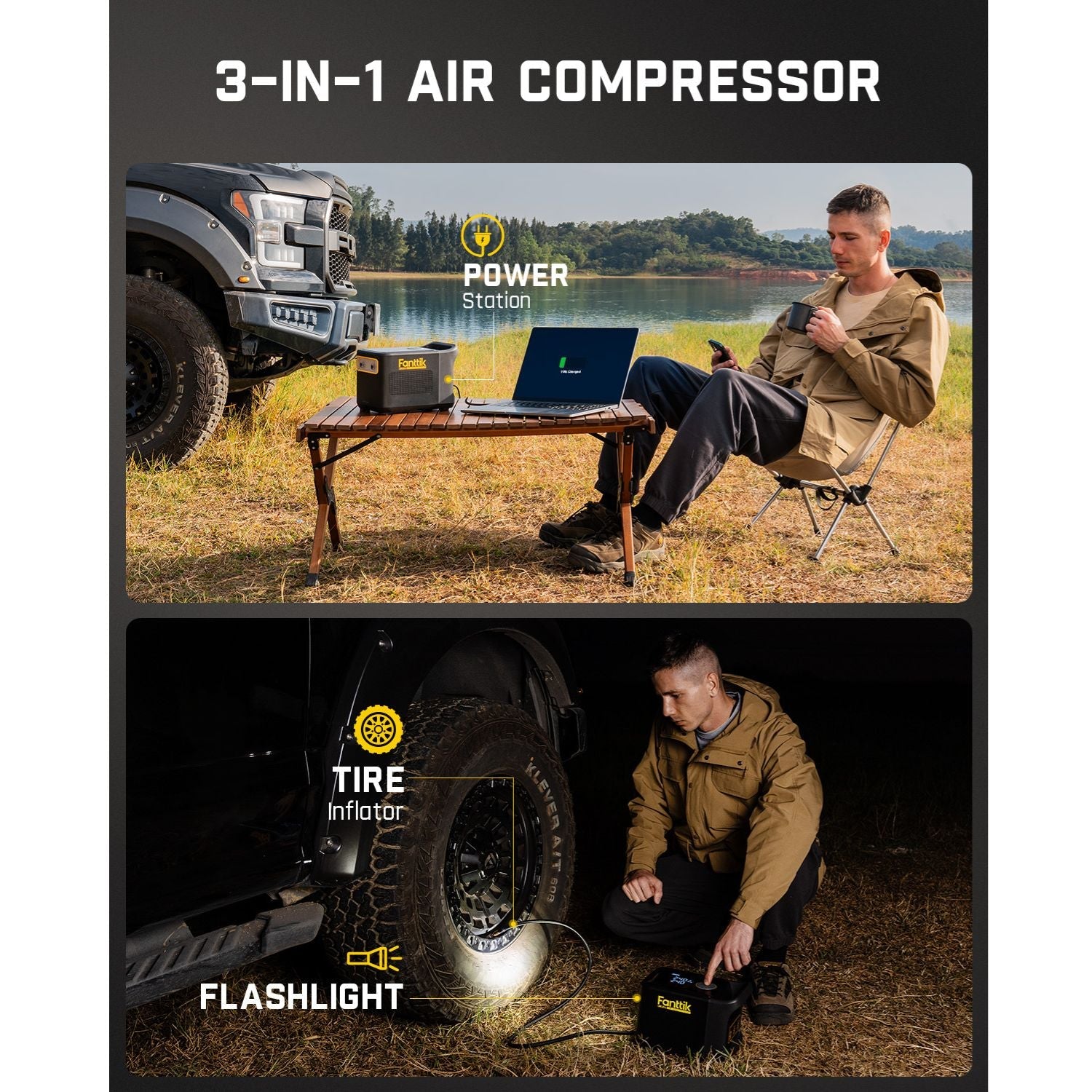 Fanttik X9 Ultra 3-in-1 air compressor, featuring power station, tire inflator, and flashlight functions for outdoor use.