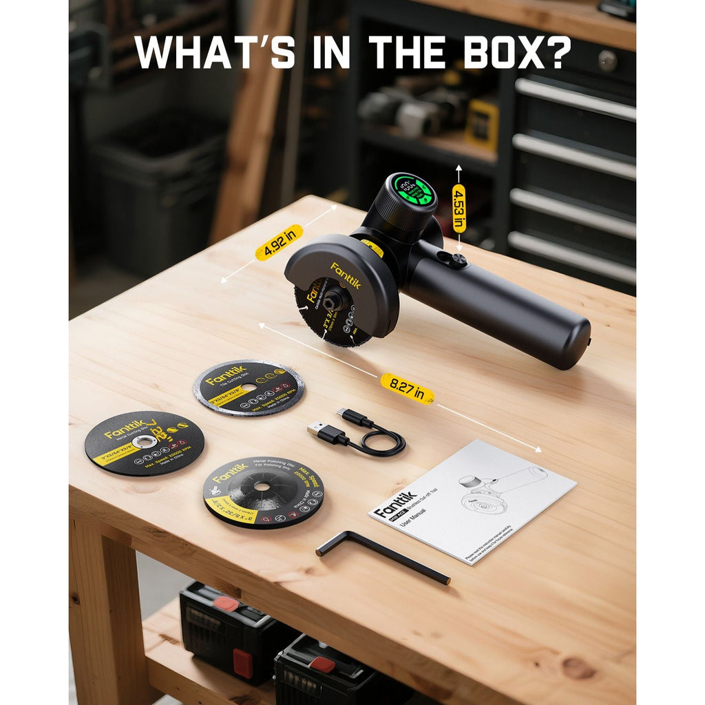 Fanttik M10 ACE cordless angle grinder kit including grinder, four cutting discs, USB-C cable, and user manual.
